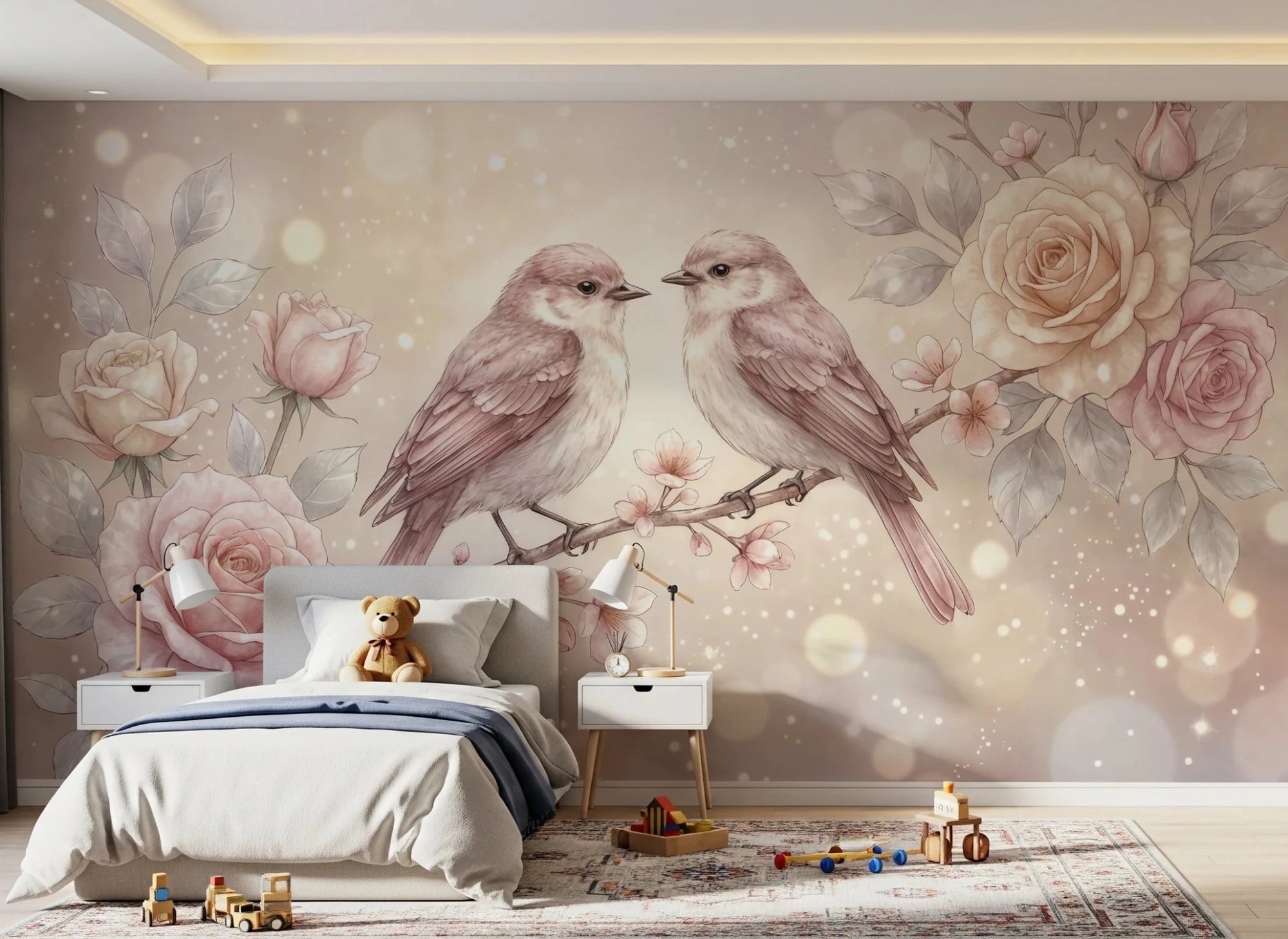 Floral Serenade wallpaper mural of two dusty-pink sparrows and roses in a bedroom with grey bed and teddy