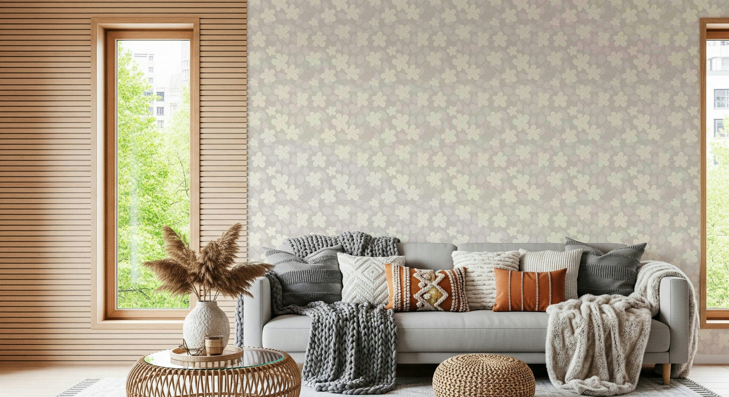Subtle cream blossom wall mural creates cozy vibes.