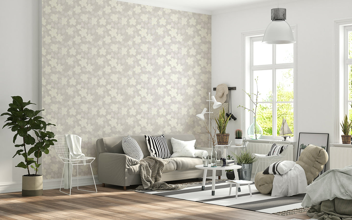 Soft grey floral mural wallpaper adds peaceful elegance.