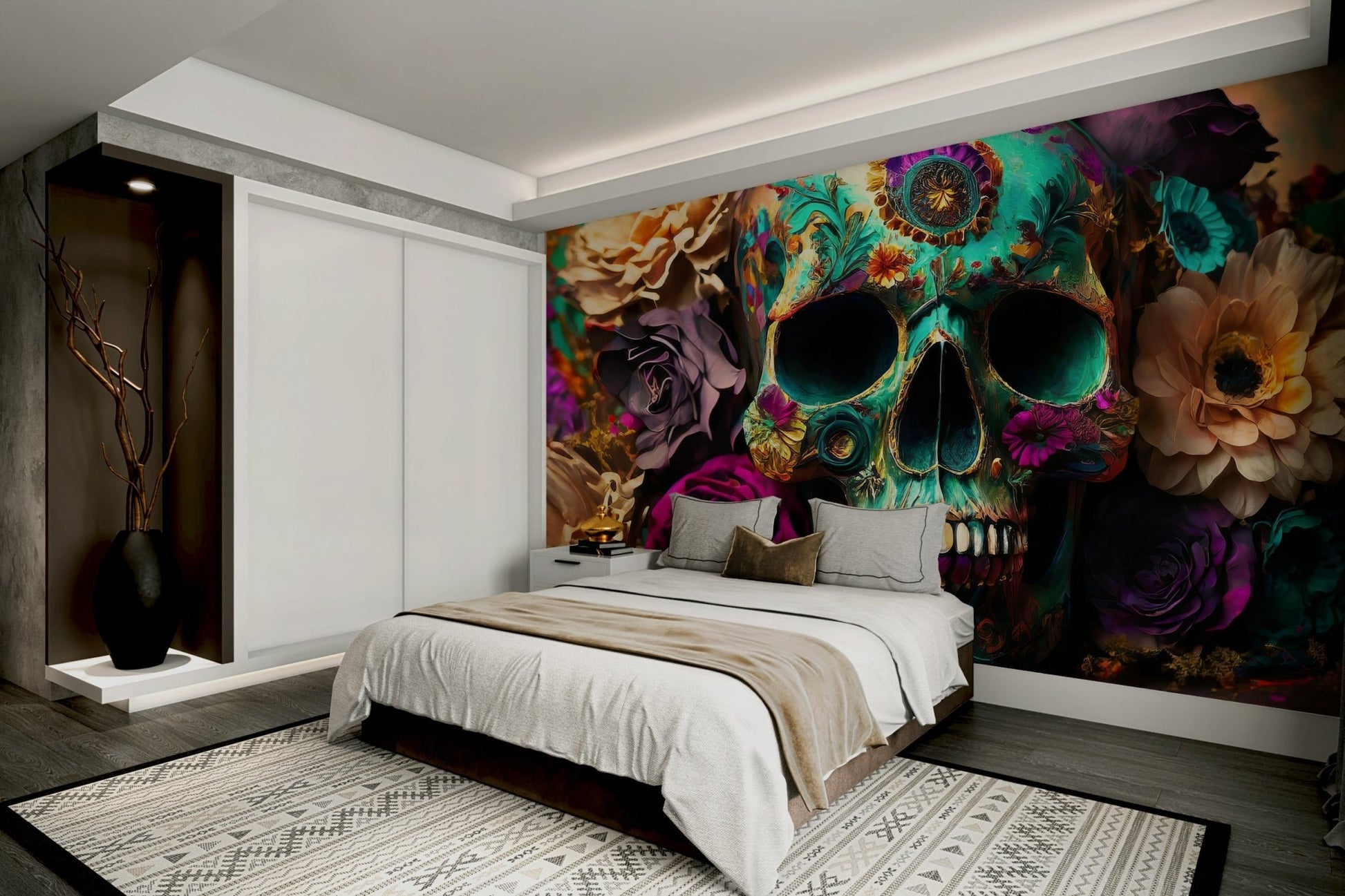 Elegant skull and flower mural in rich colors

