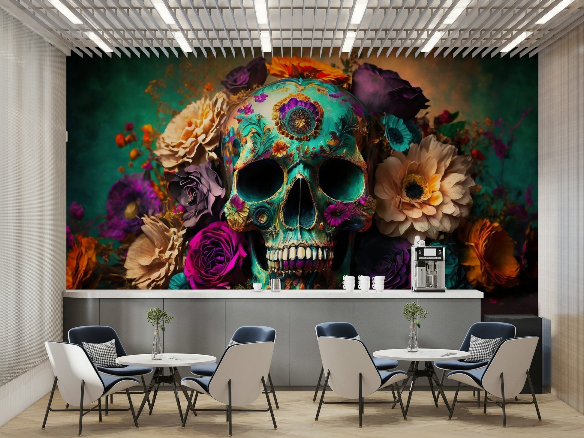 Artistic skull mural with colorful floral accents

