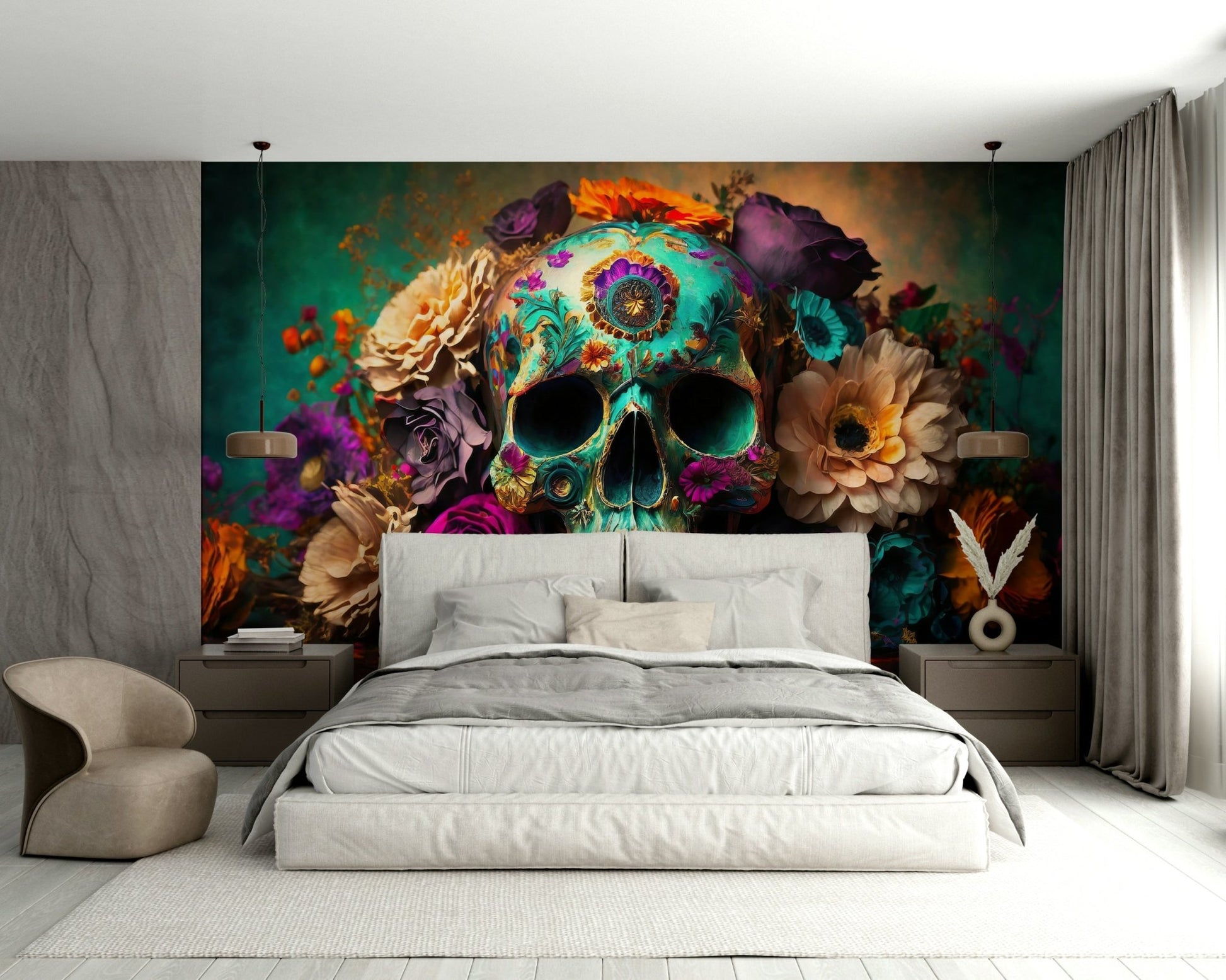 Bold skull art mural with lush botanical elements

