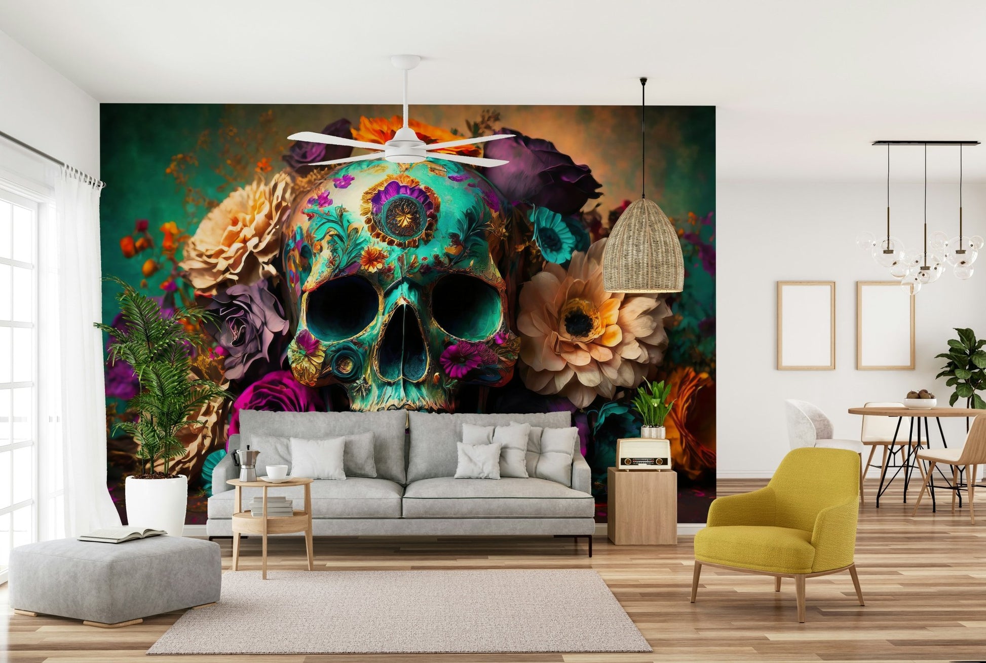 Wall mural with skull surrounded by blooming flowers

