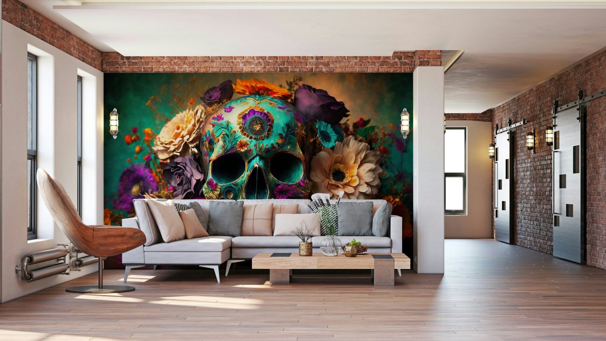 Celebration of Life wall mural featuring floral skull

