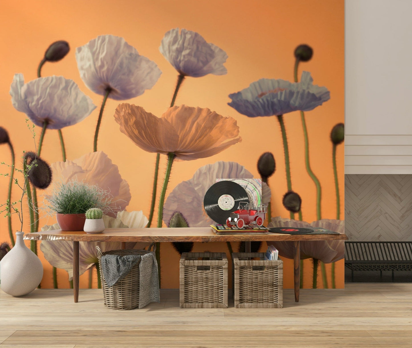 Bedroom feature wall with oversized floral mural, warm pink and green color palette