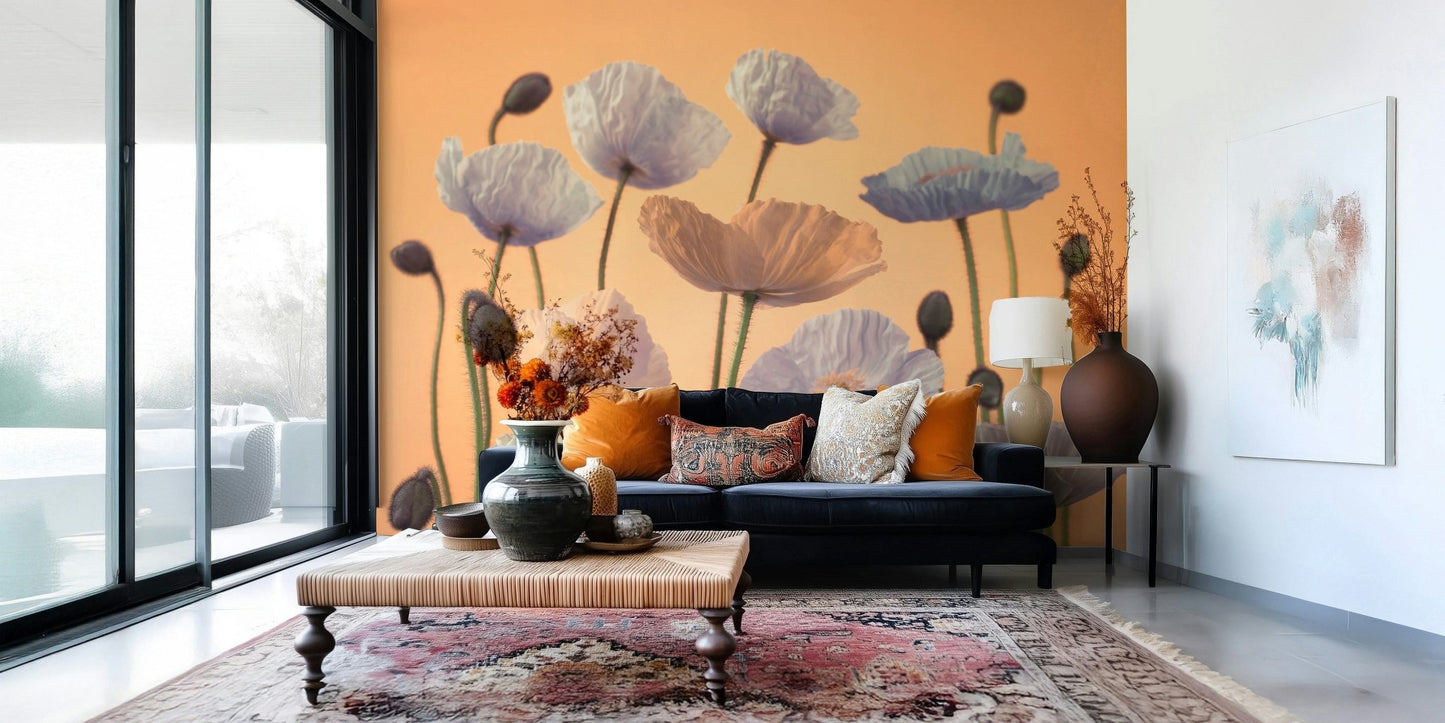 Dining room accent wall with floral mural, detailed blossoms and leafy greens