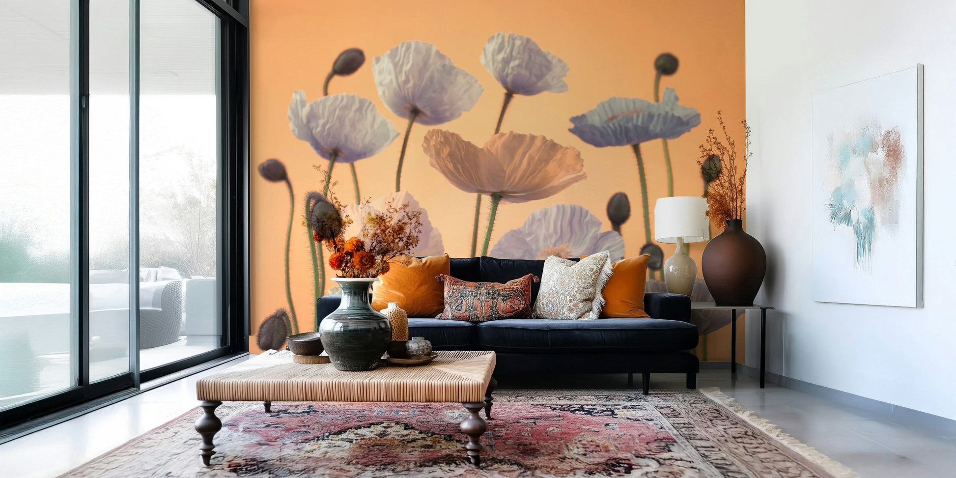 Dining room accent wall with floral mural, detailed blossoms and leafy greens