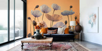 Dining room accent wall with floral mural, detailed blossoms and leafy greens
