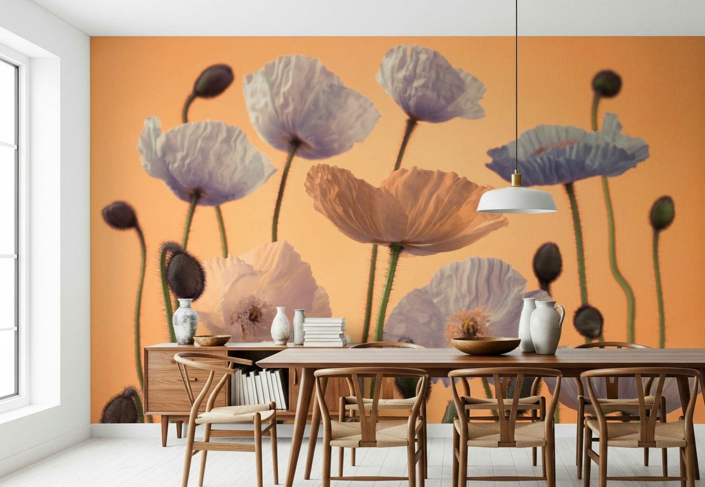 Minimal lounge with floral wall mural, bright botanicals against clean white wall