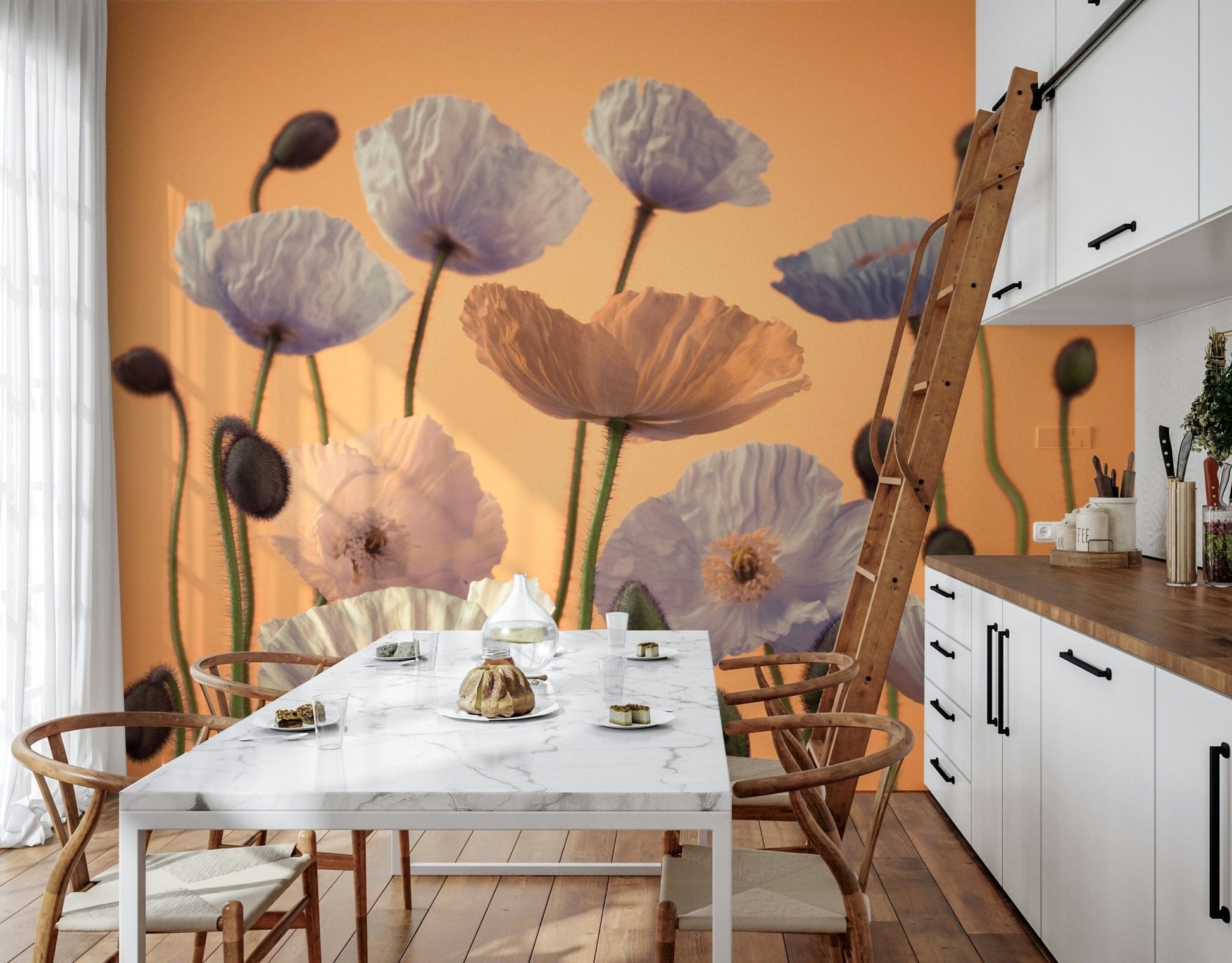 Entryway wall decor with statement floral mural, modern style with colourful flowers