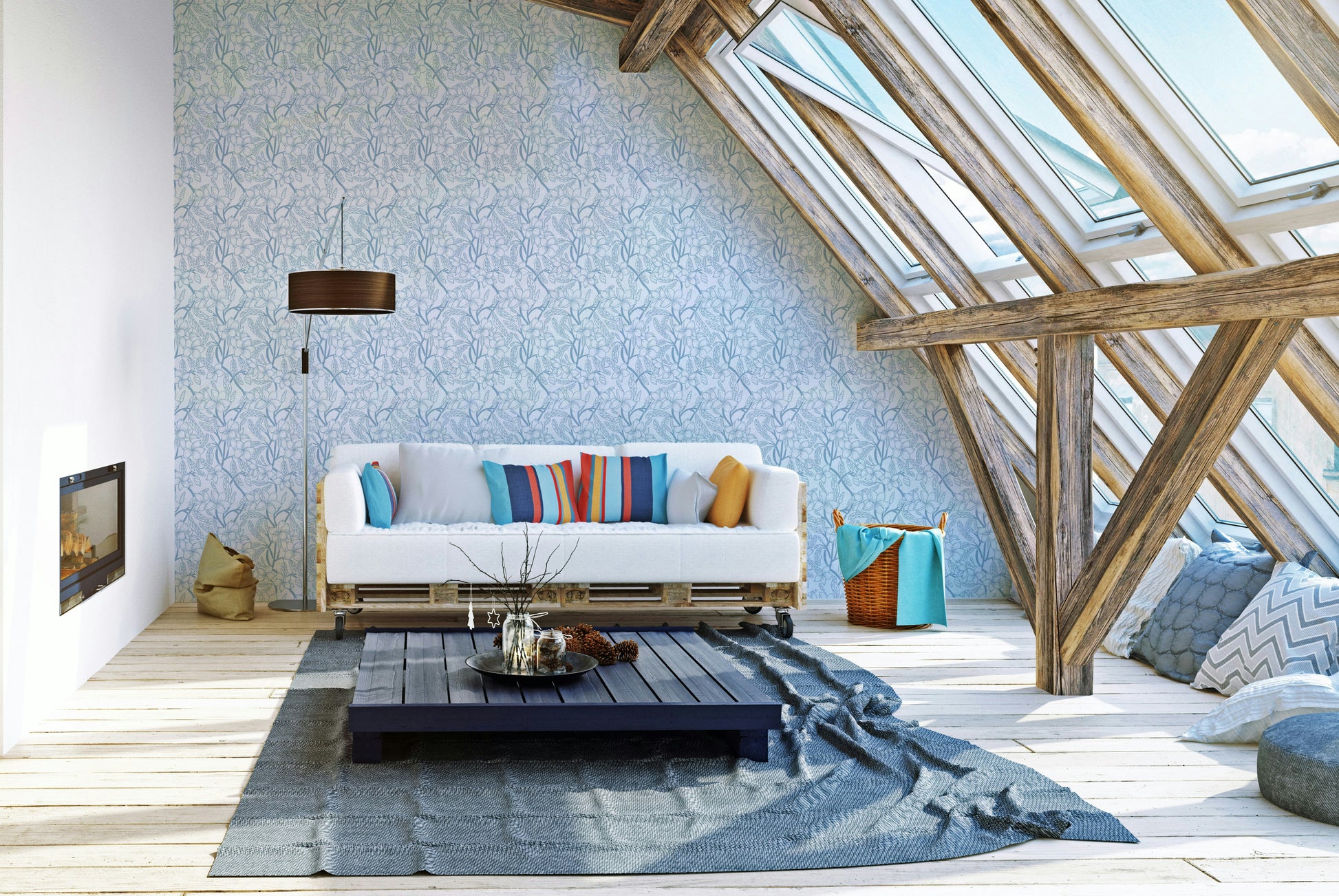 Delicate flower wallpaper for walls in light blue tones

