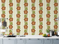 Floral Stripe Red wallpaper, rust floral stripes above light blue cabinets and white counter in a kitchen