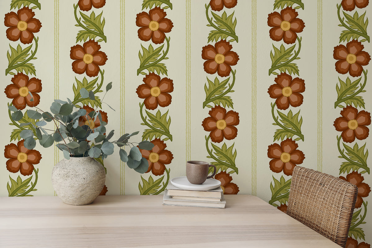 Floral Stripe Red wallpaper, rust flowers and leaves behind a desk with eucalyptus in a home office
