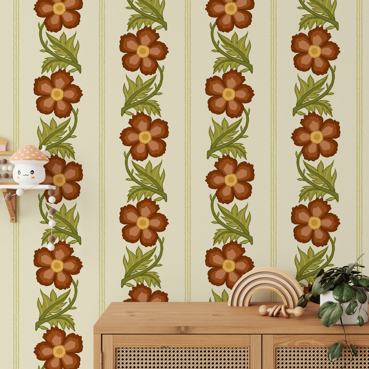 Floral Stripe Red wallpaper, rust blooms on cream stripes above a rattan cabinet in a kids room