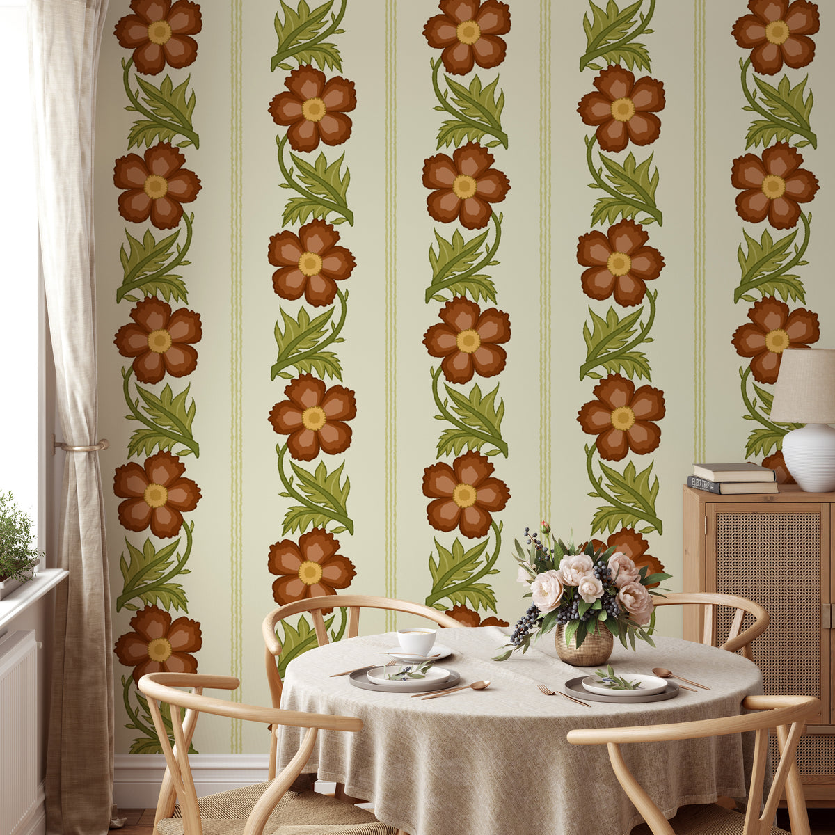 Floral Stripe Red wallpaper, vertical rust floral stripes behind a round dining table and wishbone chairs