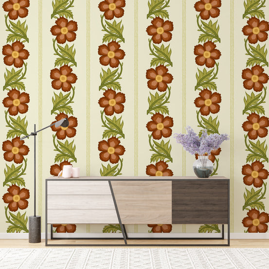 Floral Stripe Red wallpaper, rust flowers and green vines in stripes above a wood console in a living room