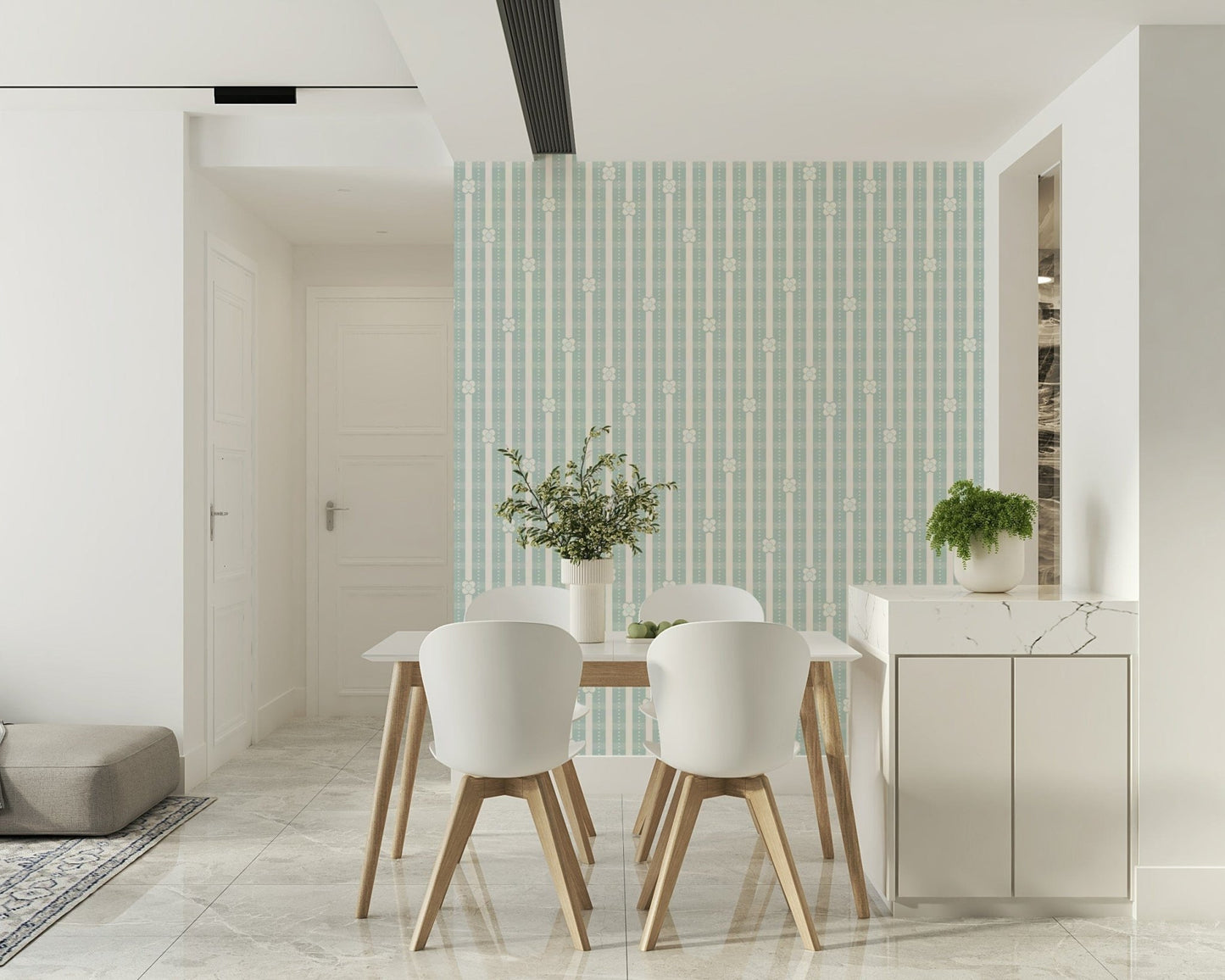 Floral and Linear Stripe Serenity Mural – Subtle floral wallpaper enhanced with minimalist stripe design for a serene interior.