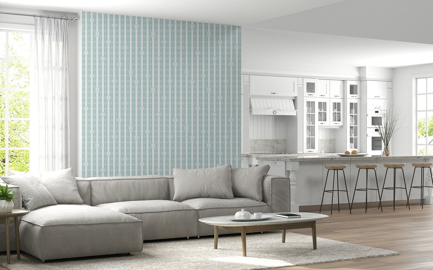 Pastel Floral and Stripe Wall Mural – Soft pastel flowers over subtle stripe patterns creating a tranquil look.