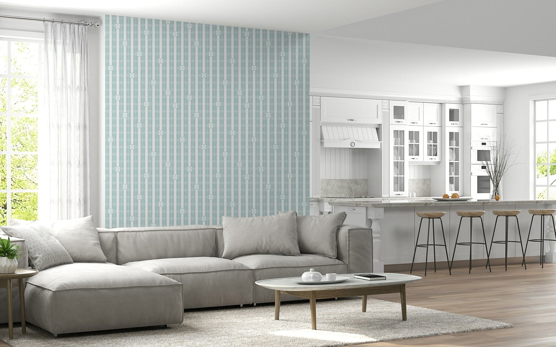 Pastel Floral and Stripe Wall Mural – Soft pastel flowers over subtle stripe patterns creating a tranquil look.