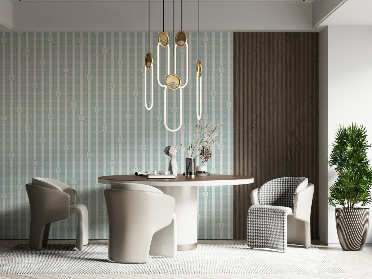 Striped Floral Serenity Wall Mural – Gentle floral design layered on muted, serene stripes for a peaceful ambiance.