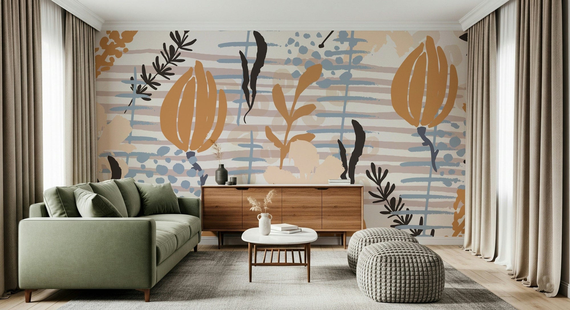 A classic floral and stripe wallpaper for walls.

