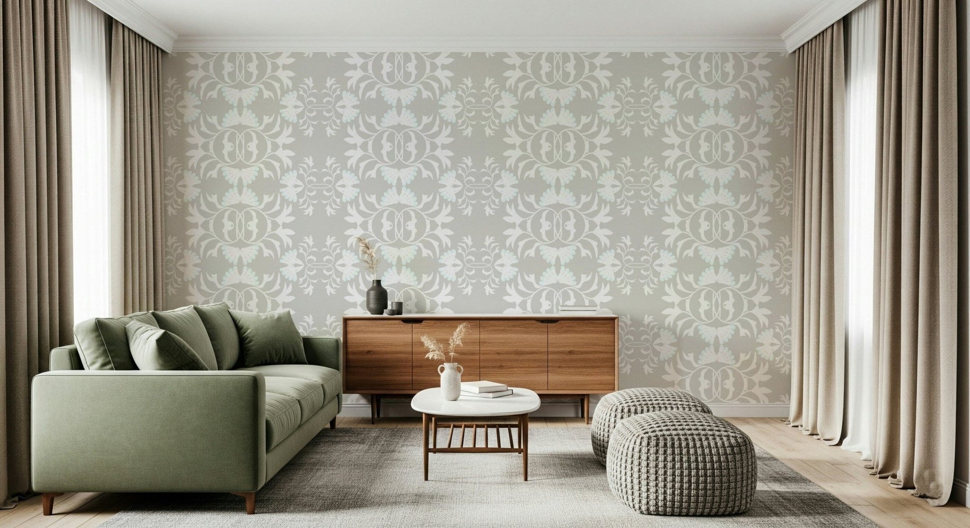 Ornate botanical wallpaper for walls highlighting mirrored organic shapes.