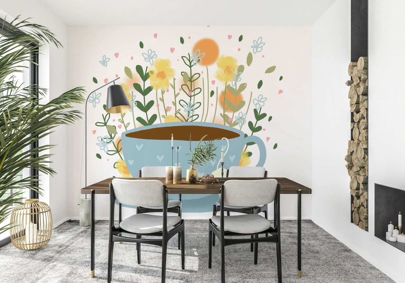 Floral tea break wall mural with delicate flowers and tea cups

