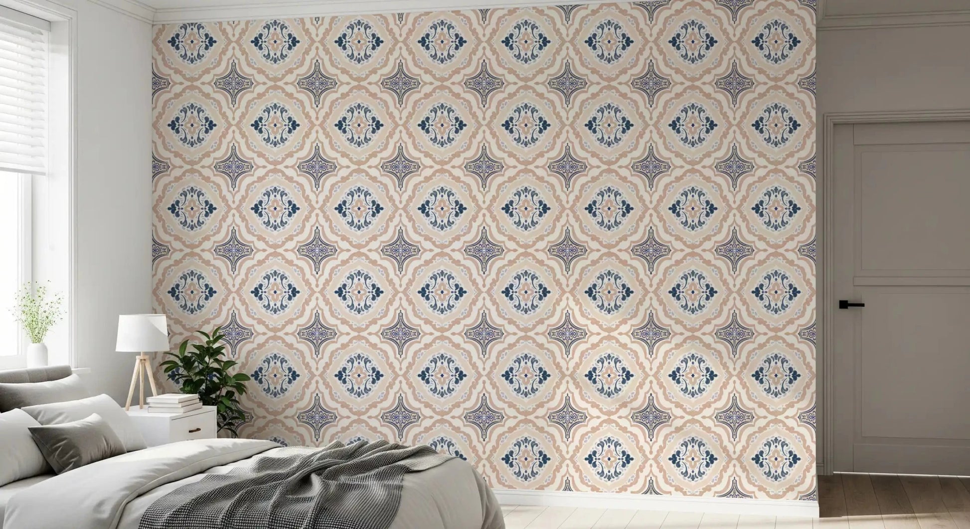 Symmetrical garden patterns on the Floral Tile Harmony Wallpaper.