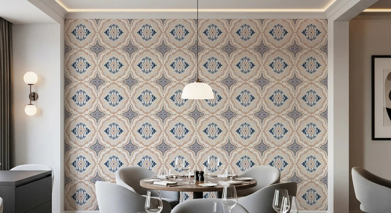 Floral Tile Harmony dining room Wallpaper with soft pastel botanical motifs.