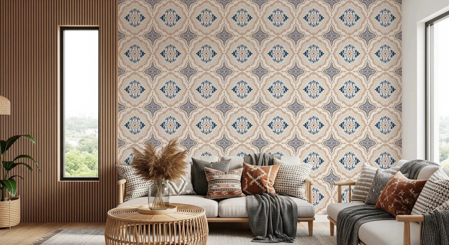Floral Tile Harmony Wallpaper featuring repeating blossom designs.