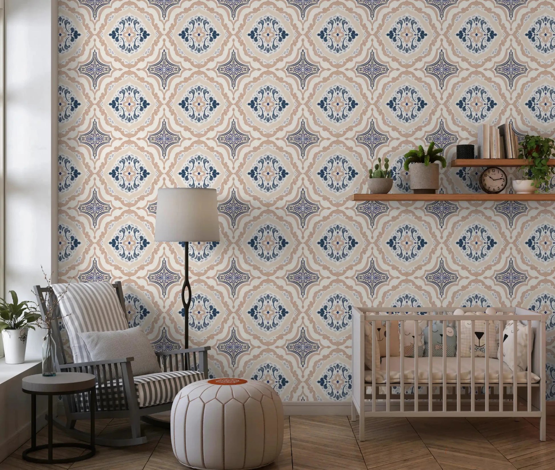 Vintage inspired Floral Tile Harmony Wallpaper for minimalist styling.