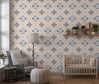 Vintage inspired Floral Tile Harmony Wallpaper for minimalist styling.