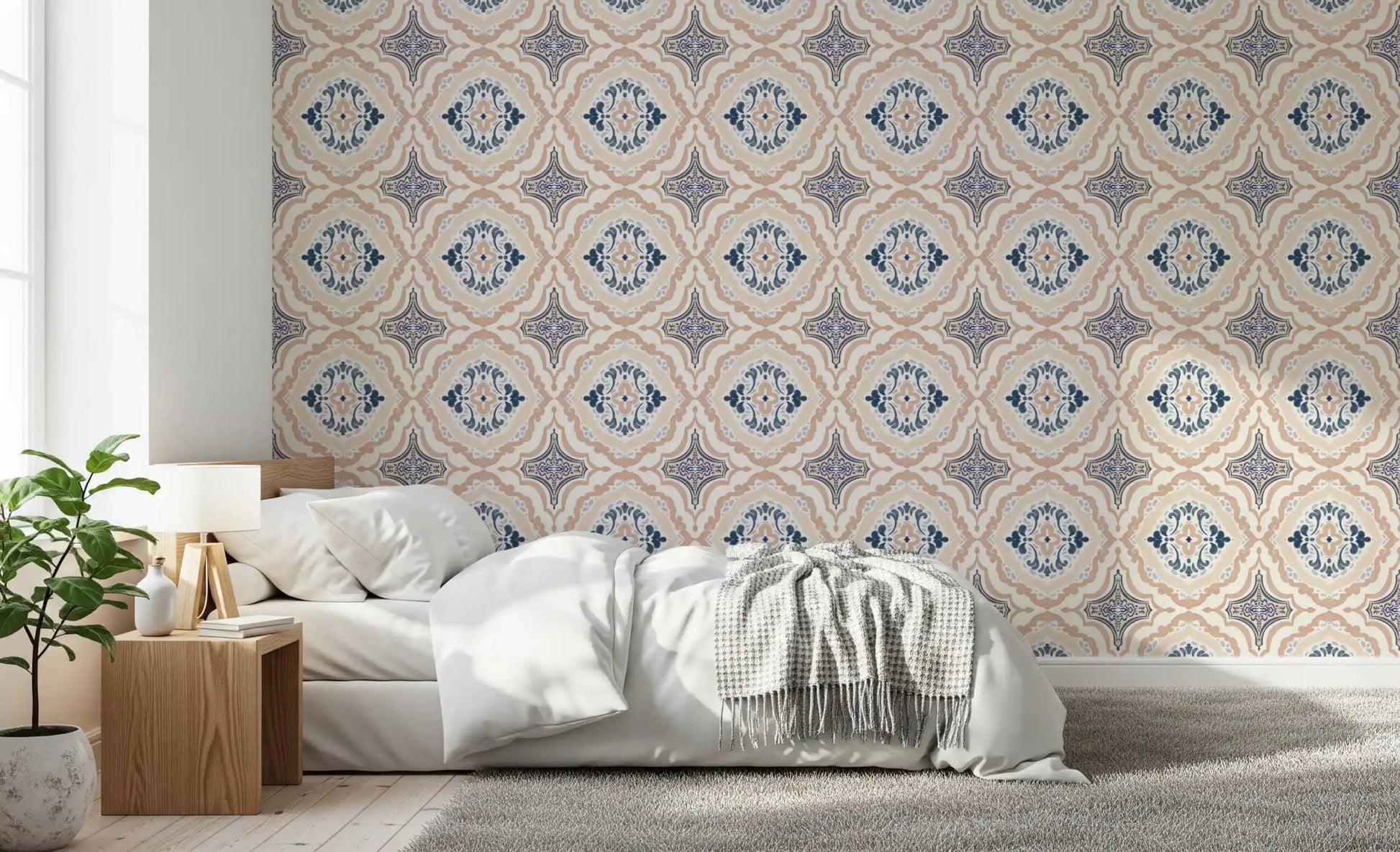 Close up of white and blue petals on Floral Tile Harmony Wallpaper for a bedroom