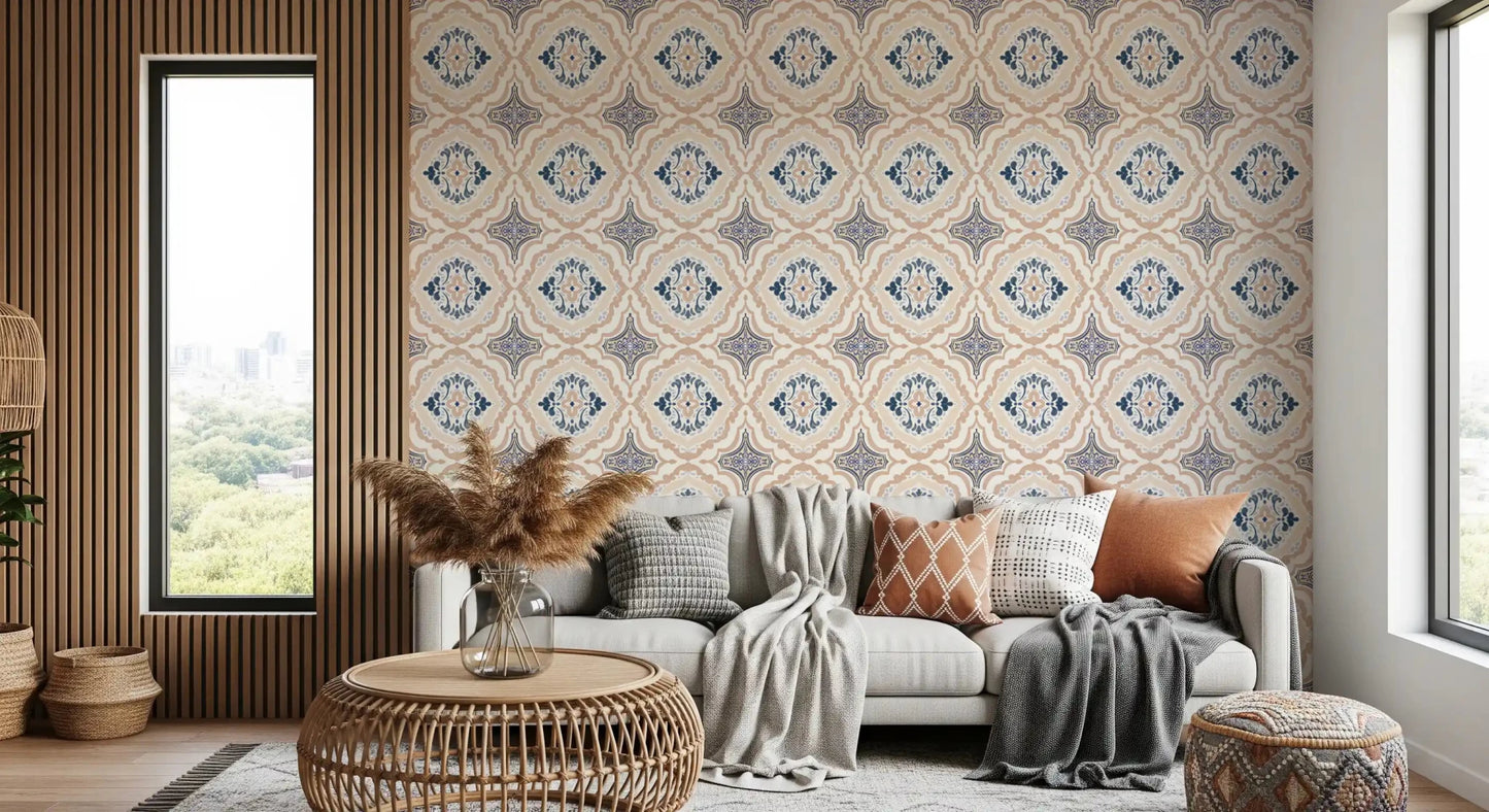 Floral Tile Harmony Wallpaper with a neutral background and green accents.