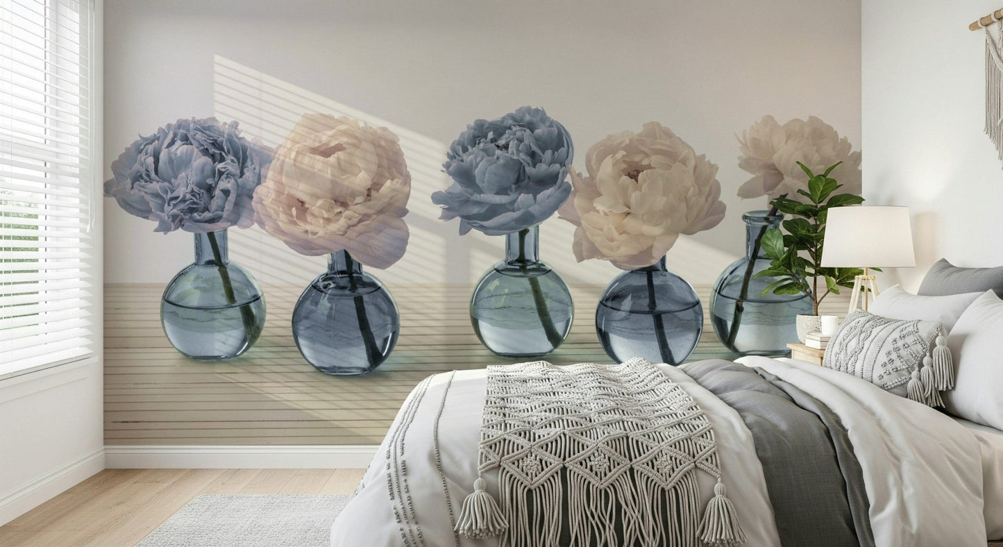 Floral Vases wallpaper mural of peonies in blue vases above a bed with a macrame throw in a bedroom