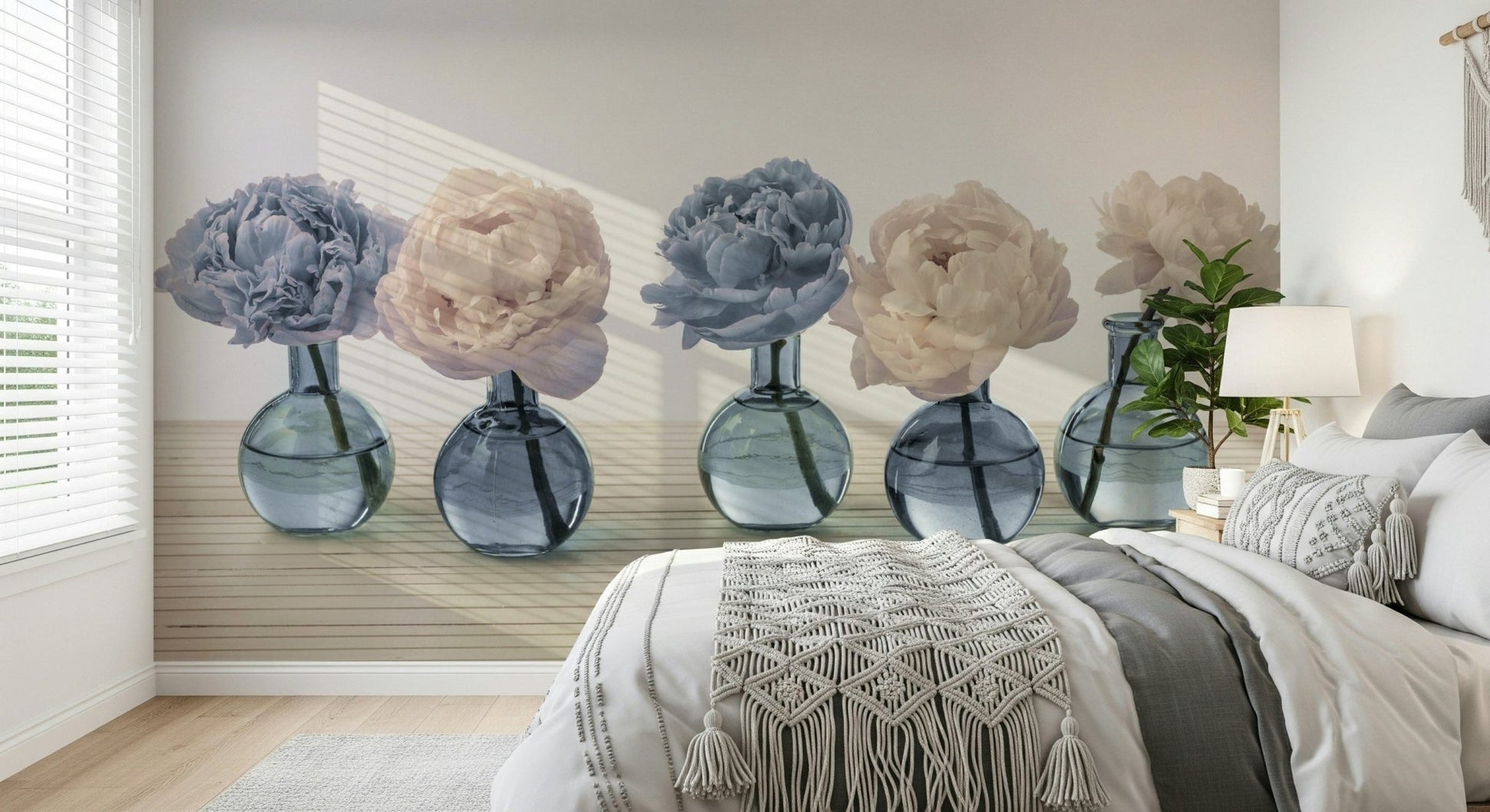 Floral Vases wallpaper mural of peonies in blue vases above a bed with a macrame throw in a bedroom
