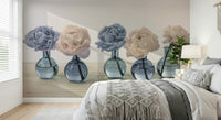 Floral Vases wallpaper mural of peonies in blue vases above a bed with a macrame throw in a bedroom