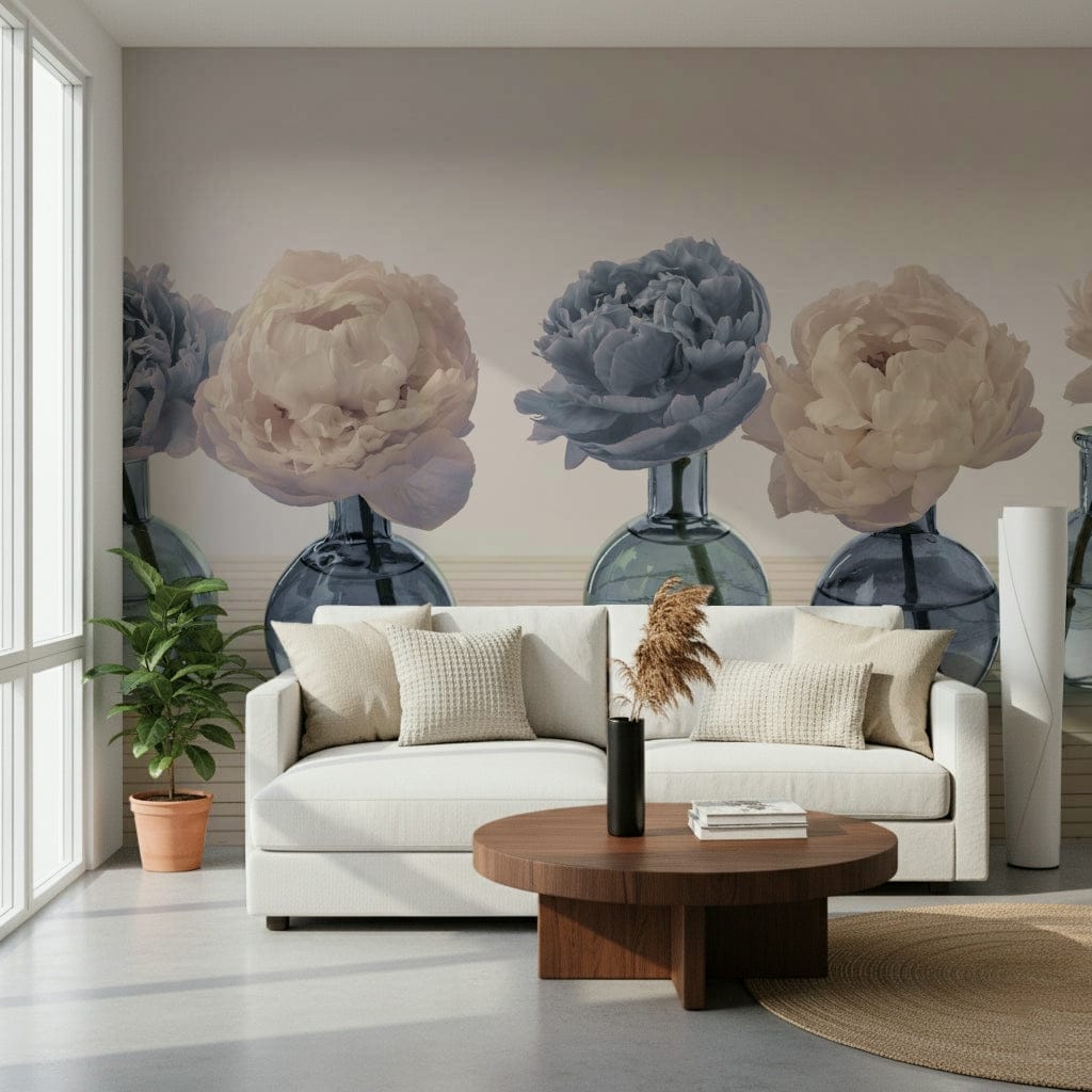 Floral Vases wallpaper mural of peonies in blue glass vases behind a white sofa and round walnut table in a living room