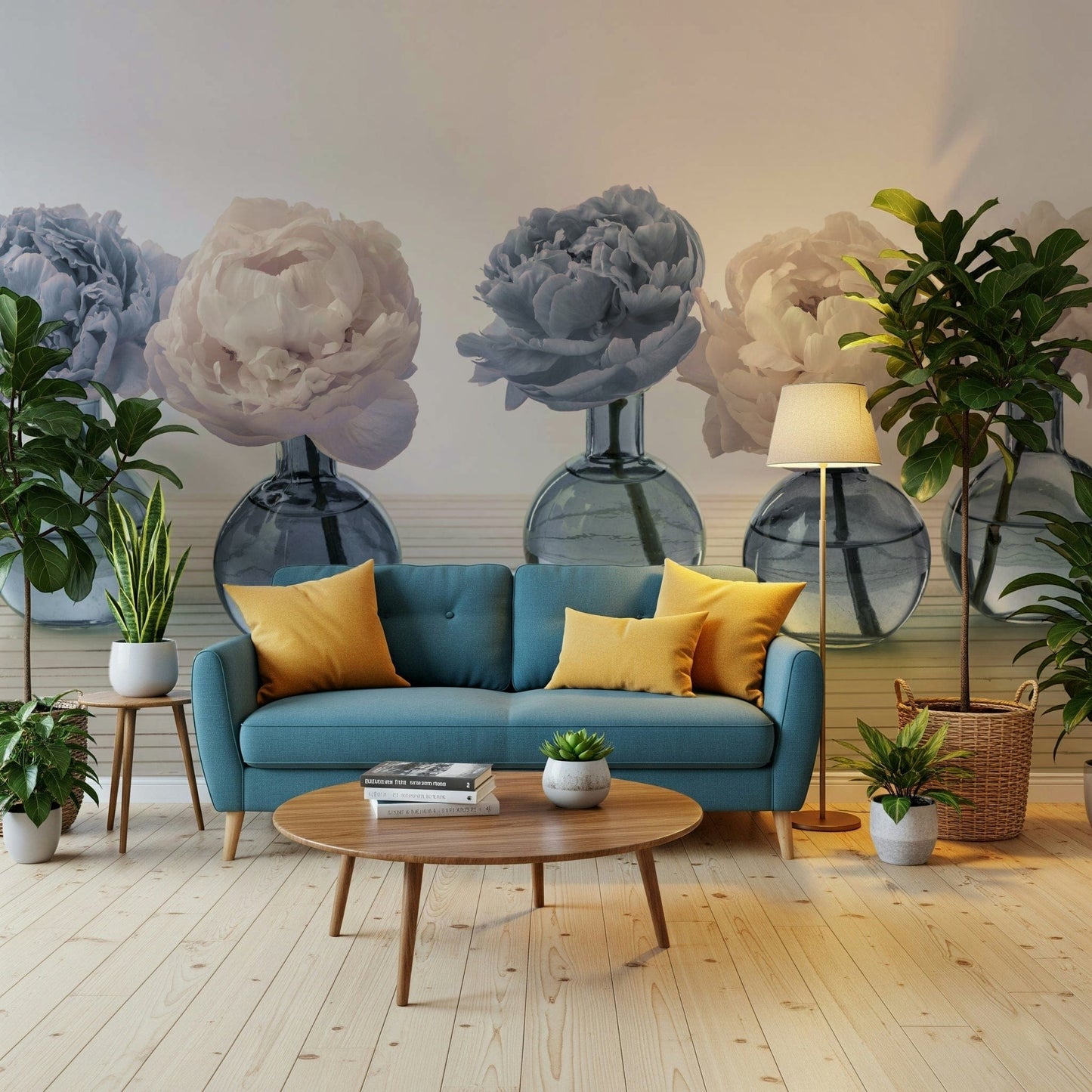 Floral Vases wallpaper mural of blue and cream peonies behind a teal sofa with yellow pillows in a living room