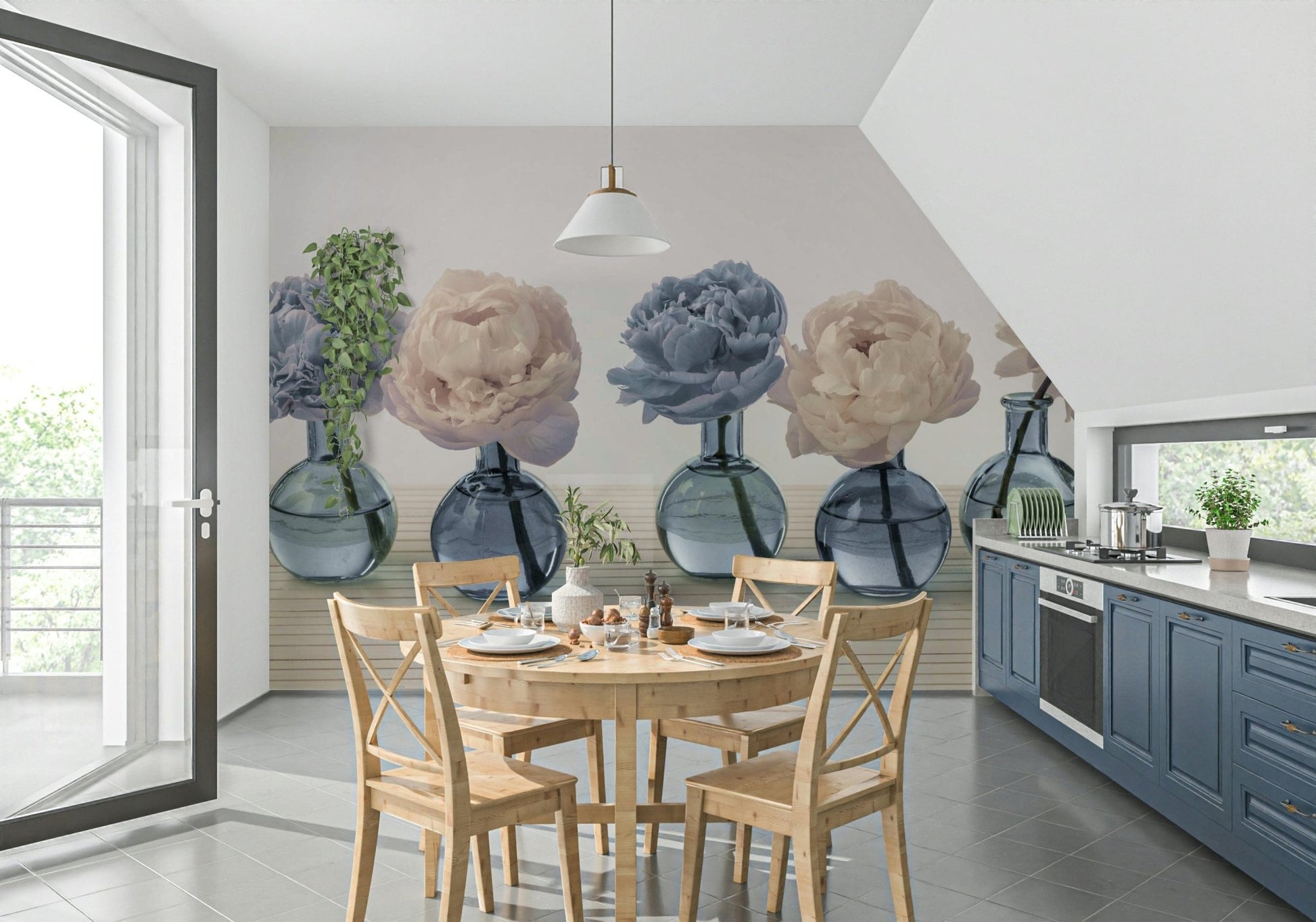 Floral Vases wallpaper mural of peonies behind a round wood dining table with blue kitchen cabinets