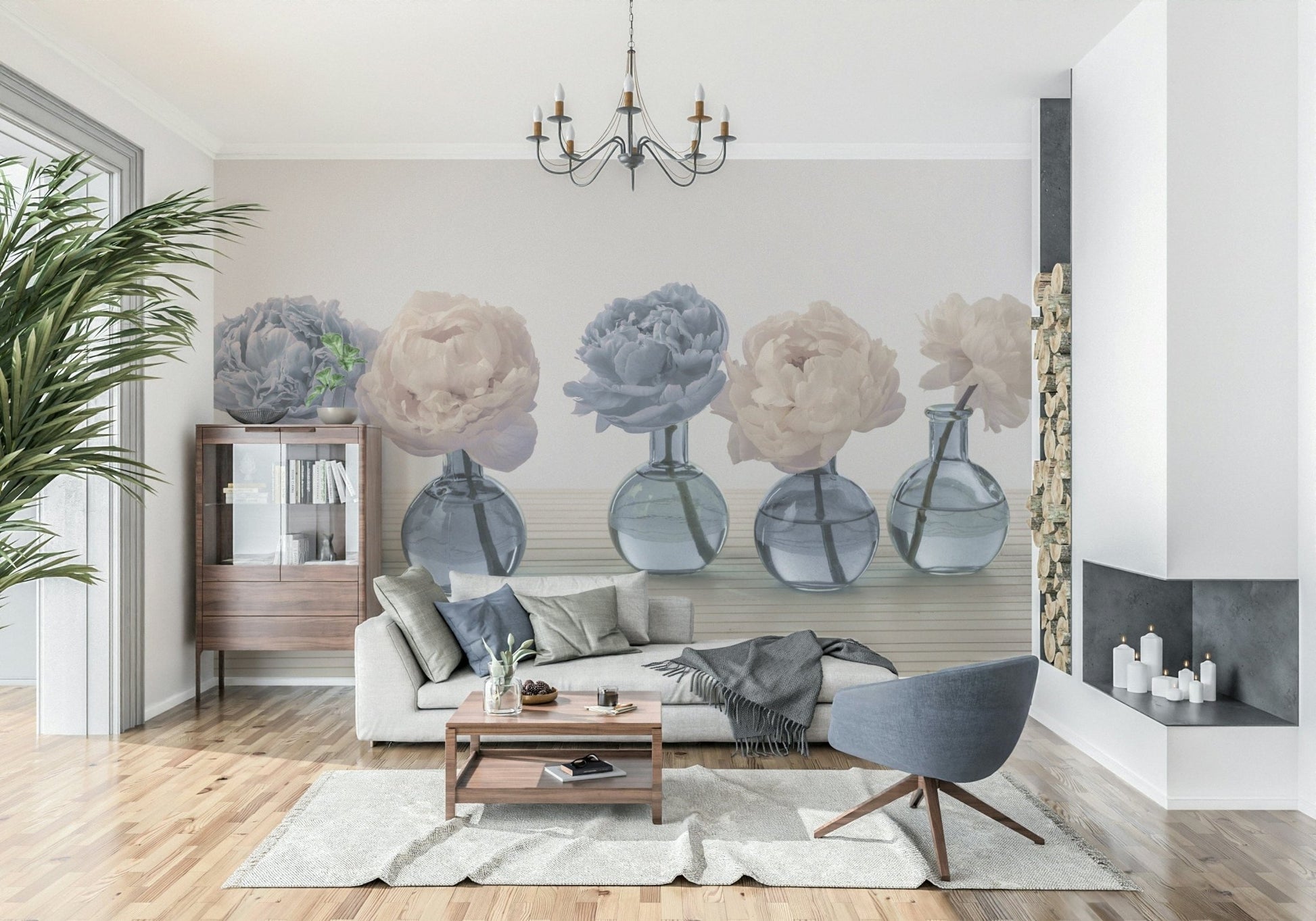 Floral Vases wallpaper mural of dusty peonies behind a beige sofa and gray swivel chair in a living room