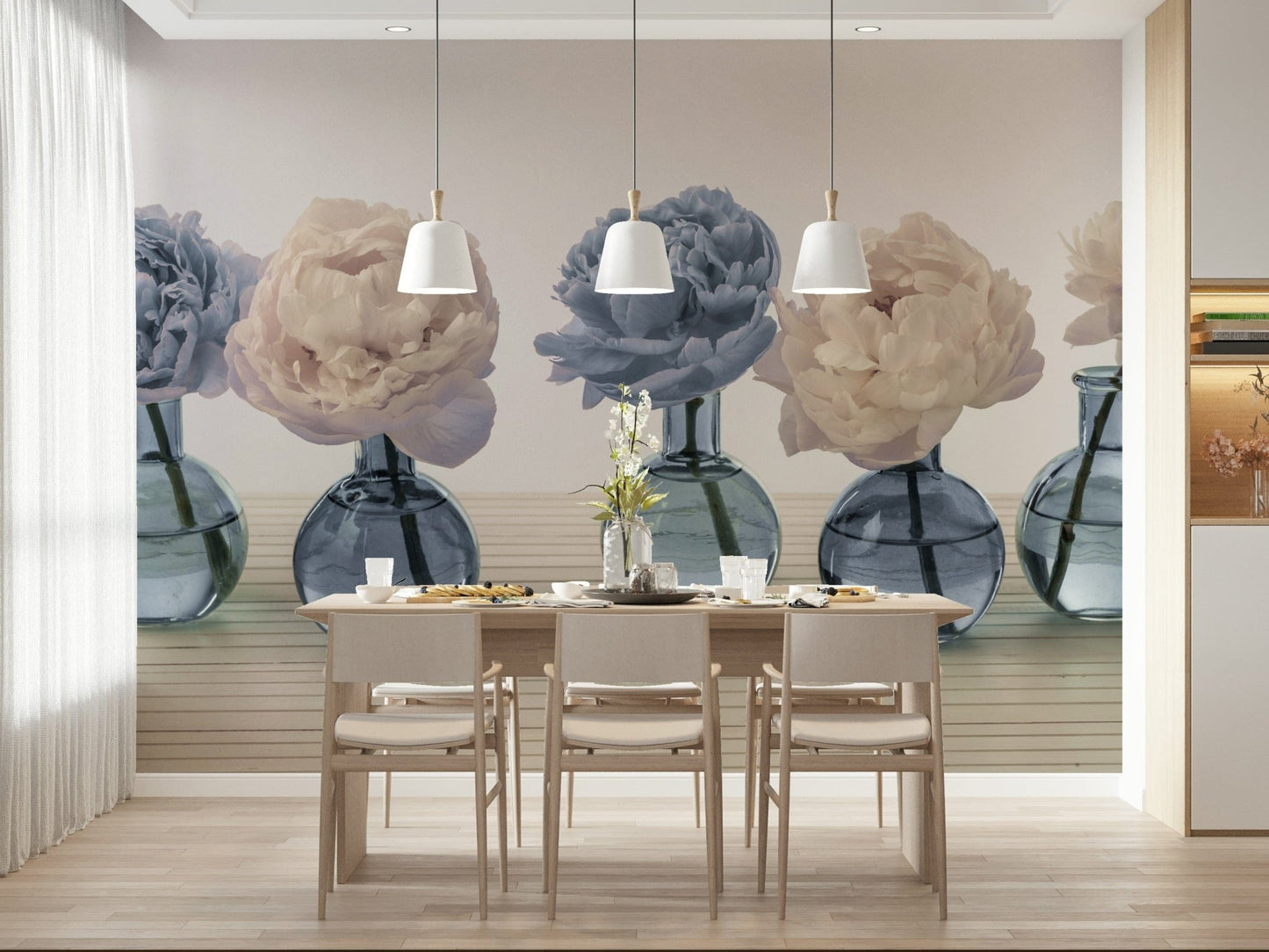 Floral Vases wallpaper mural of peonies in blue vases behind a wood dining table with white pendant lamps