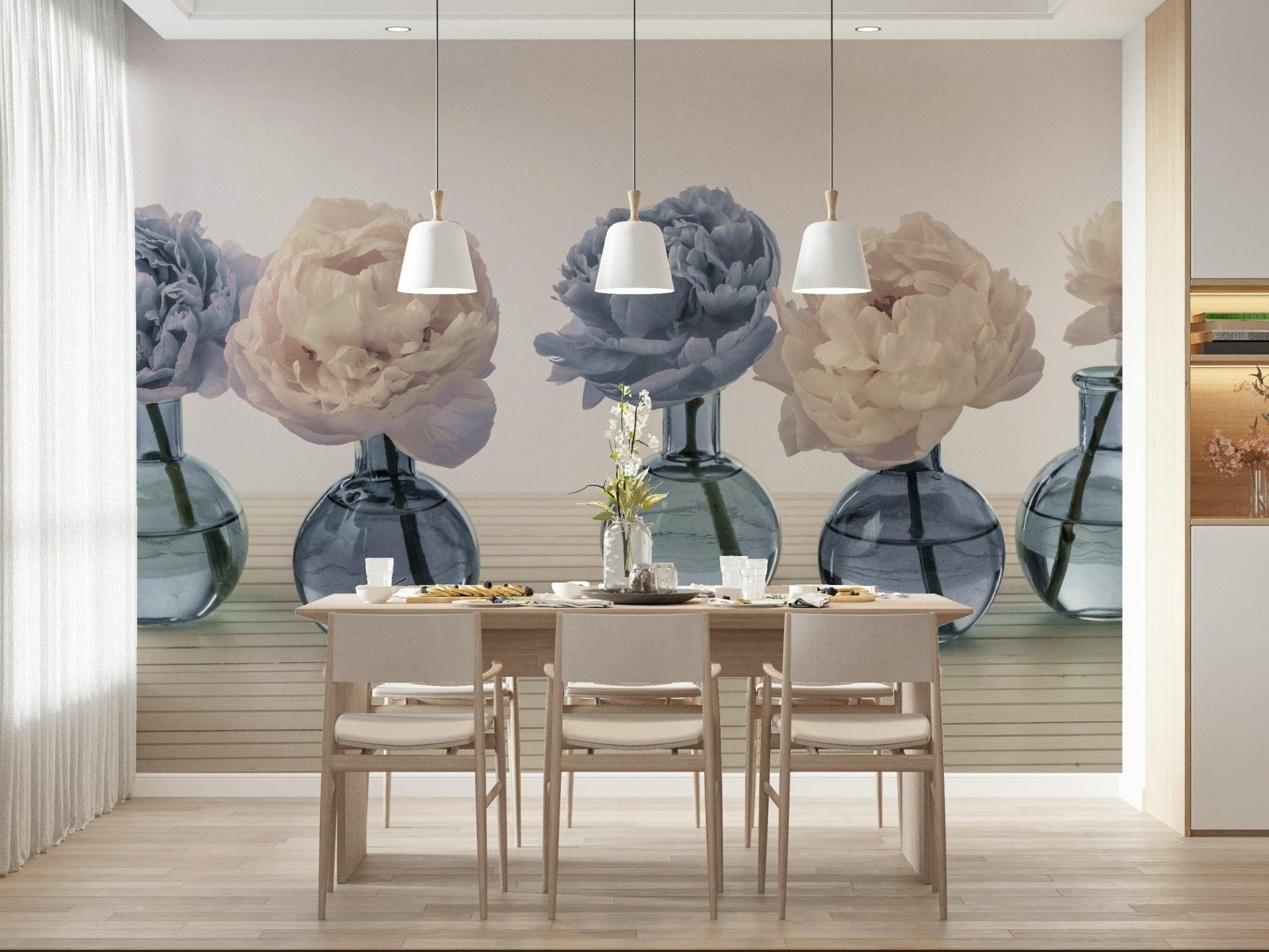 Floral Vases wallpaper mural of peonies in blue vases behind a wood dining table with white pendant lamps