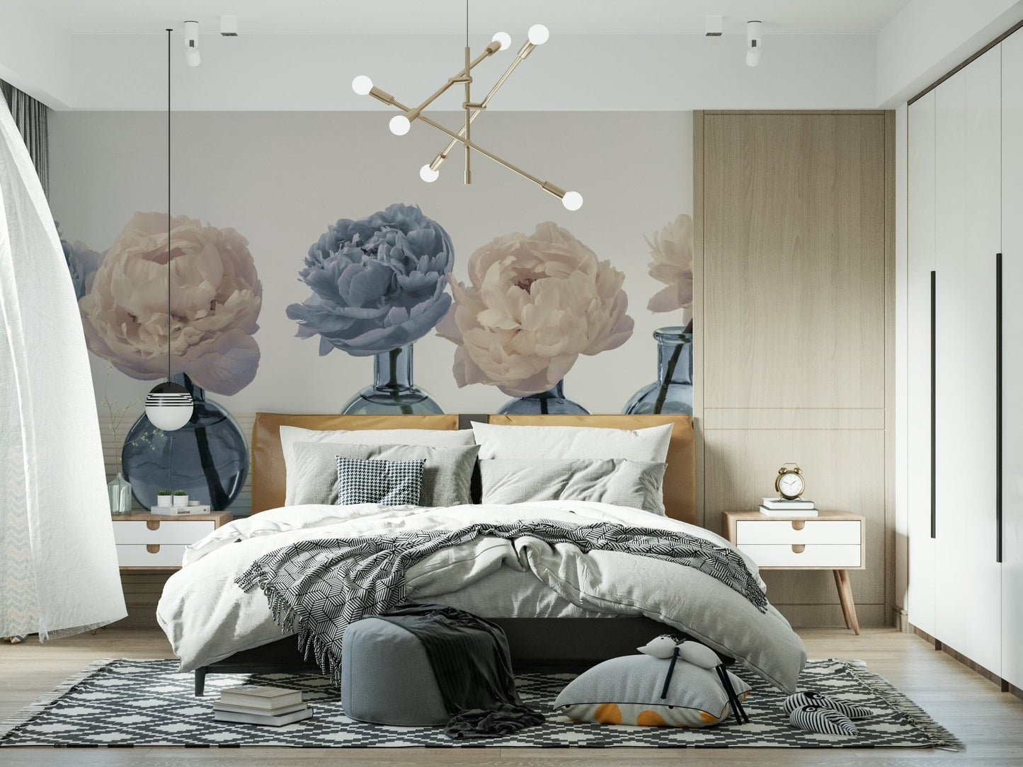 Floral Vases wallpaper mural of peonies in blue vases above a bed with a tan headboard in a bedroom