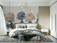 Floral Vases wallpaper mural of peonies in blue vases above a bed with a tan headboard in a bedroom
