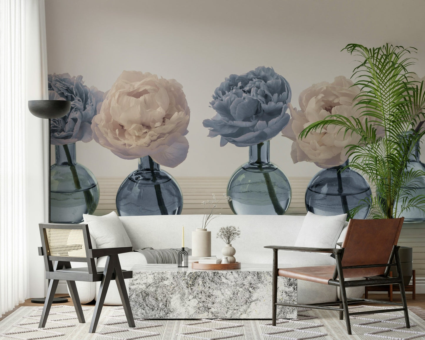 Floral Vases wallpaper mural of peonies in glass vases behind a white sofa and cane armchairs in a living room