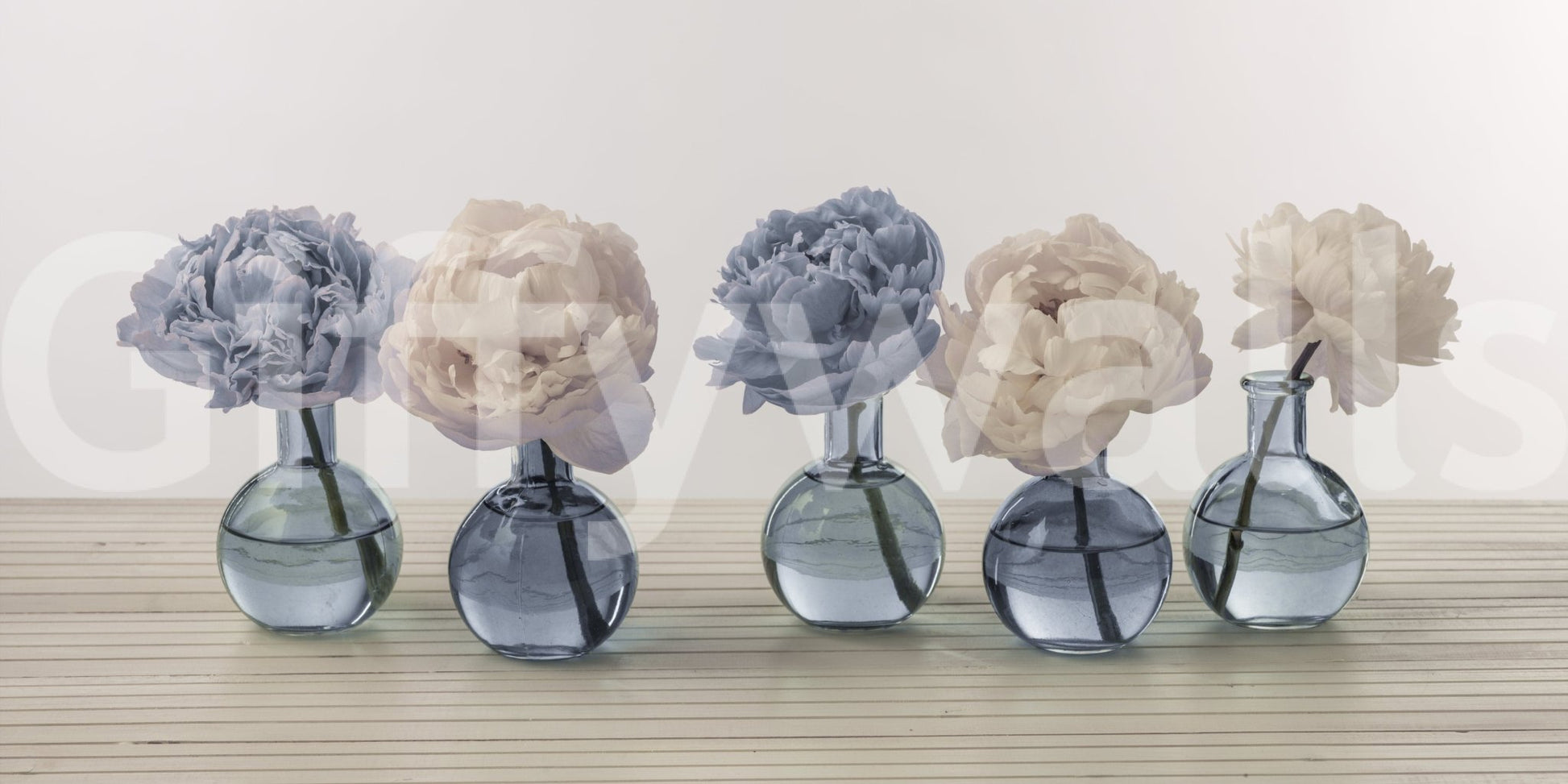 Floral Vases wallpaper mural close-up of five peonies in round blue glass vases on a pale neutral background