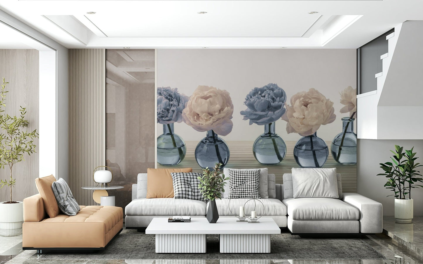 Floral Vases wallpaper mural of peonies in blue vases behind a large white sectional and tan chaise in a living room