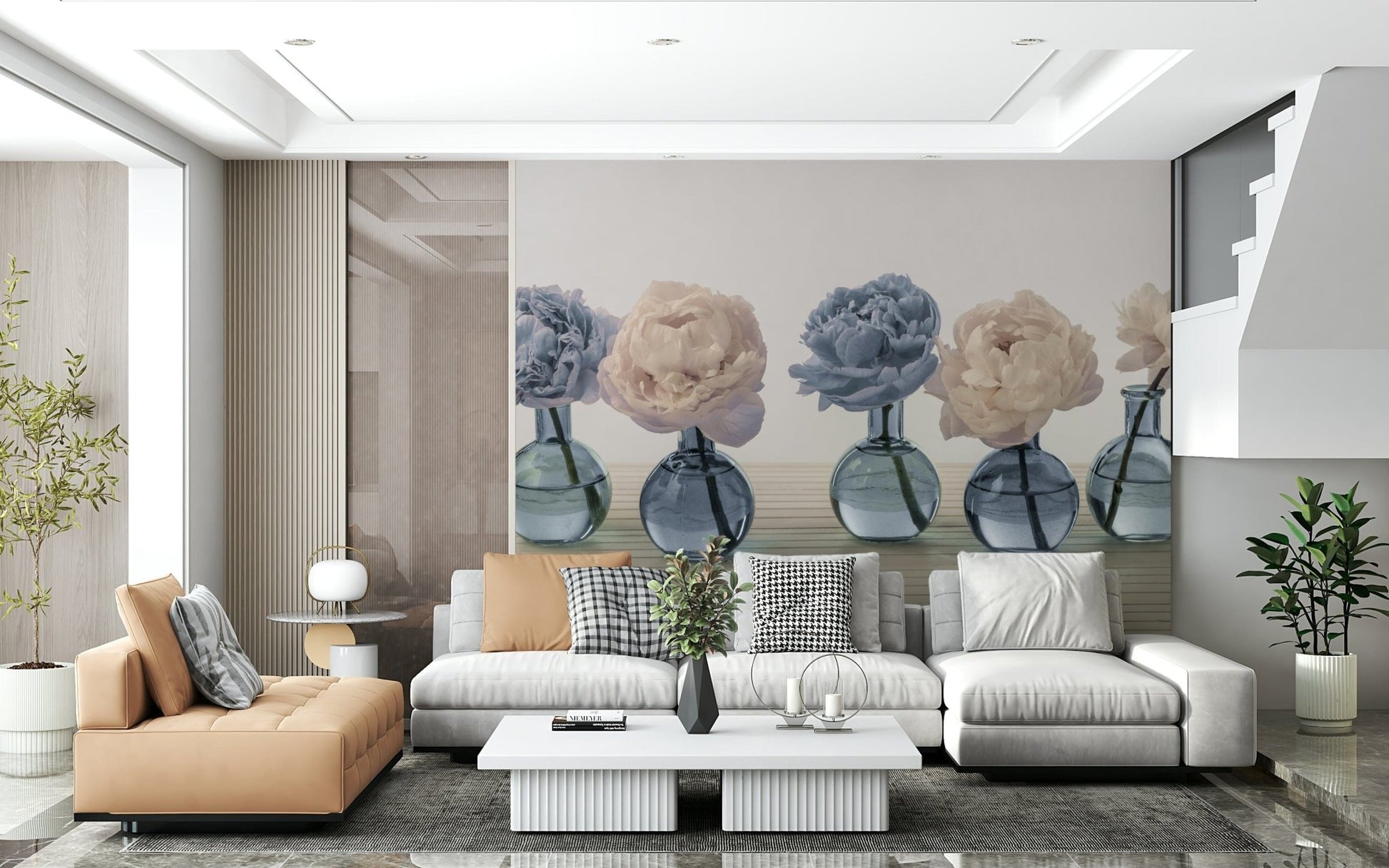 Floral Vases wallpaper mural of peonies in blue vases behind a large white sectional and tan chaise in a living room