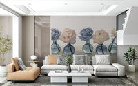 Floral Vases wallpaper mural of peonies in blue vases behind a large white sectional and tan chaise in a living room